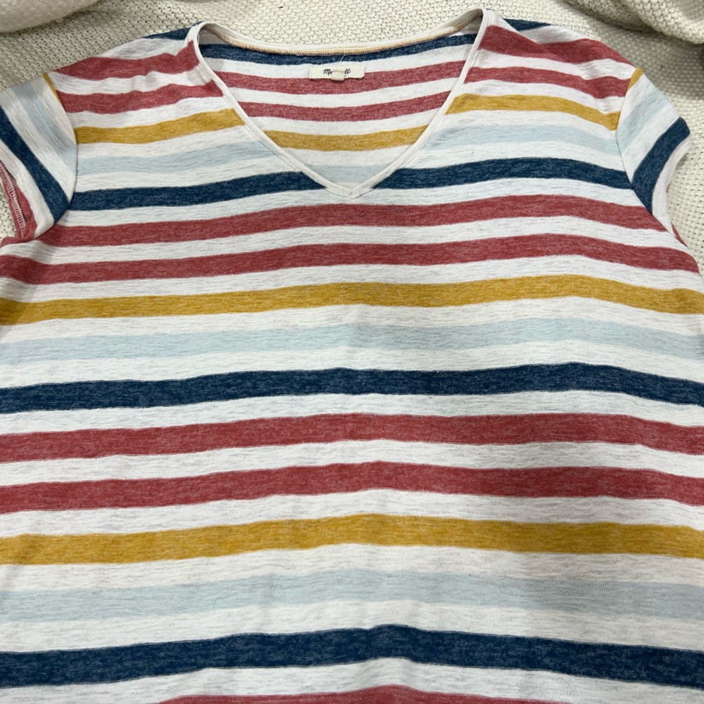 Madewell Skyline V Neck Tee in Jay Stripe Cap Sleeve Multicolor Size M